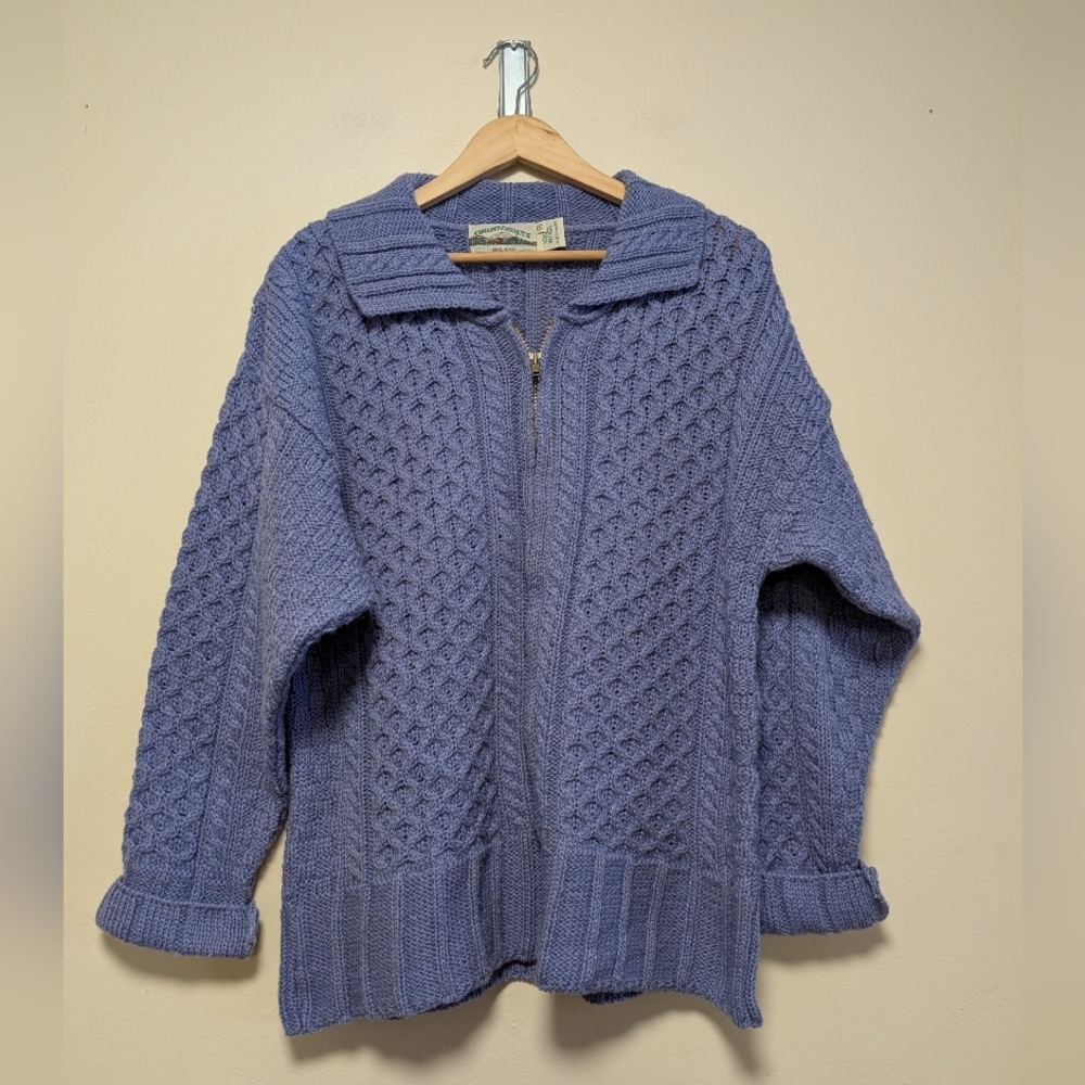 Aran Crafts Size S purple Irish Aran Cable Knit Zip Cardigan Sweater